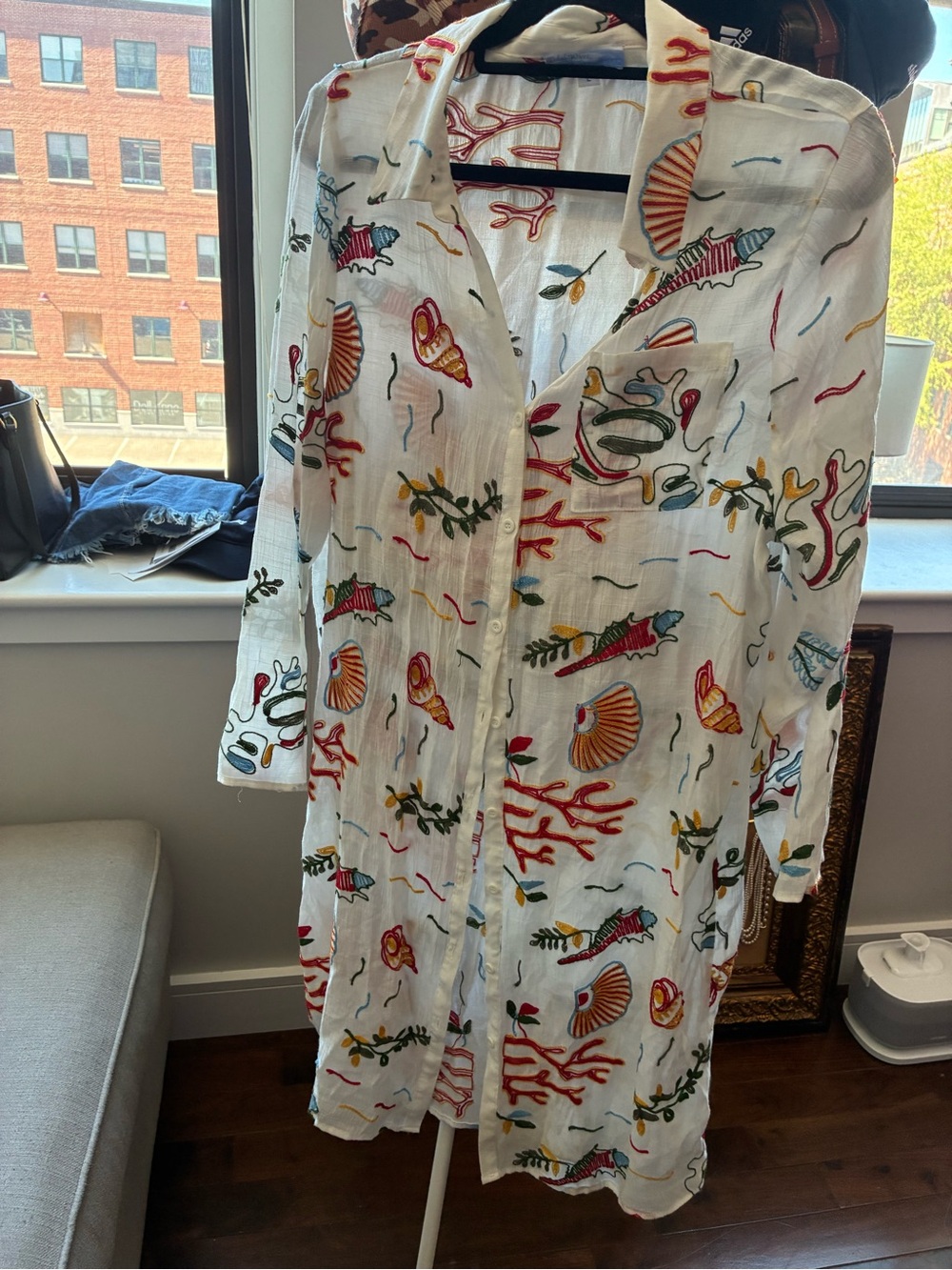 White Seashell Embroidered Button-Front Coverup